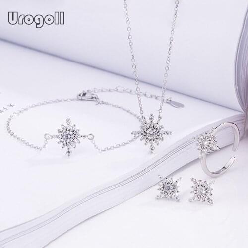 Silver 925 Sterling Silver Jewelry Sets Cubic Zirconia Flower Necklace Earrings Ring Bracelet For Women Engagement Jewelry Gift