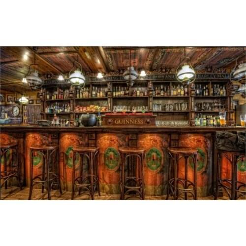 Building Interior Chairs Ceiling HDR Design Wooden Bar room 4 Sizes Home Decoration Canvas Poster Print