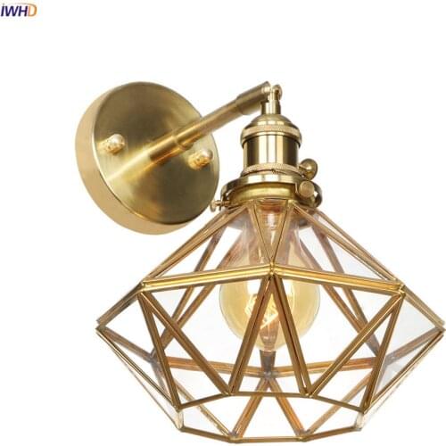 IWHD Nordic Style Glass LED Sconce Wall Light Switch Bathroom Mirror Vintage Copper Wall Lamp Bedroom Wandlamp Aplique Luz Pared