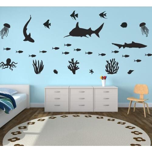 Under the Sea Theme Wall Decal Shark Set Wall Vinyl Stickers Home Bathroom Decoration Fish Sea Animals Vinyl Decoration AZ1025
