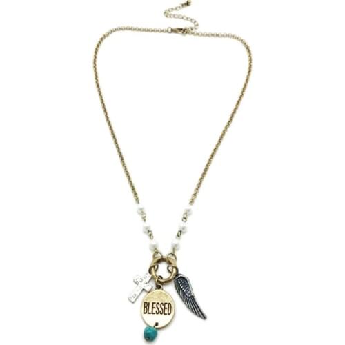 Vintage Cross Feather Blessed Metal Pendants Necklace Ethnic Metal Chain Choker Necklace For Woman Religion Fashion Jewelry