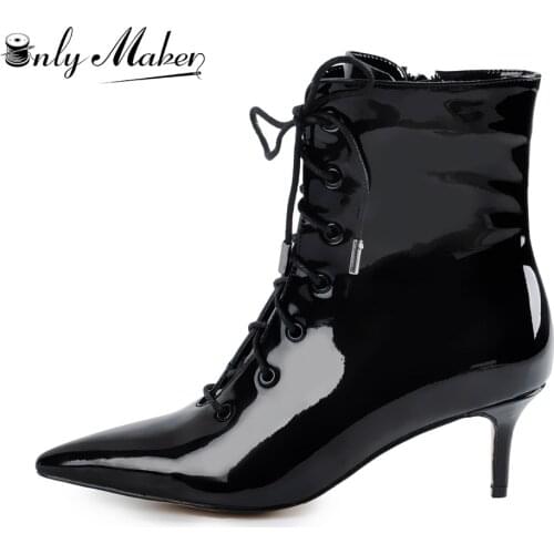 Onlymaker Womens Kitten Low Heels Patent Leather Ankle Boot Pointed Toe Lace Up Booties for Comfortable Walking Big Size 5-46