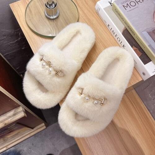 2021 Autumn Winter Warm Fluffy Home Slippers For Women Flat Plush Indoor Faux Fur Solid Cute Fashion Female Shoes Slippers