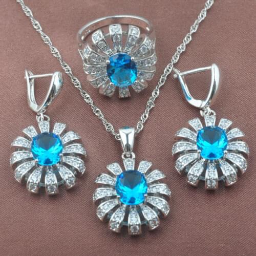2020 New Sky Blue Zircon Silver Color Jewelry Sets Womens Trinkets Wedding Jewelry Ring Necklace And Earrings Set TZ0471