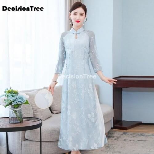 2021 ao dai chiffon long aodai women vietnam print flower cheongsam vintage mandarin collar elegant vietnam traditional dress