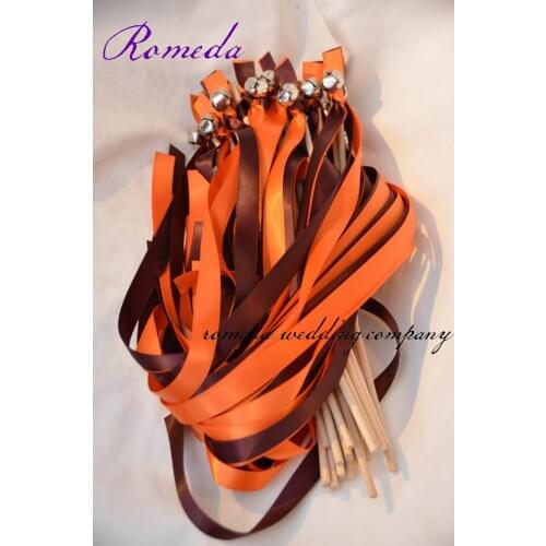 Big Discount Orange + Brown Stain Ribbon With Sliver Bell Wedding Ribbon Wands(50Pieces/Lot) Event Party Supplies Wedding