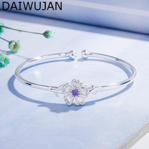 DAIWUJAN Korean 925 Sterling Silver Cuff Bracelets For Women Pink Purple Zircon Cherry Blossoms Open Bracelet Adjustable Jewelry