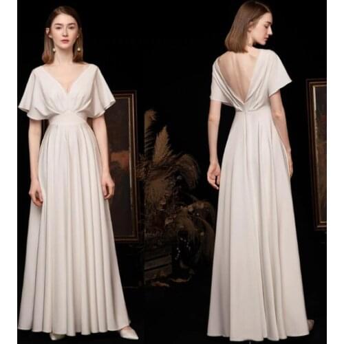 #9132 Elegant V-Neck Backless Cap Sleeve Pleat A-Line Satin Wedding Dress Bride Gown
