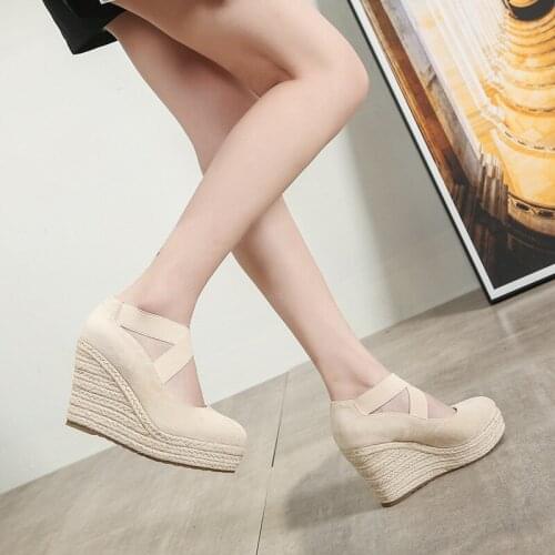 10cm Heel Espadrilles Women Suede Wedge Single Shoes Shallow Mouth NEW SANDALS High Heels Spring Autumn 2021