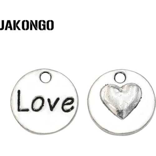 JAKONGO Antique Silver Plated Love Heart Charms Pendants for Jewelry Making Bracelet DIY Handmade Jewelry Accessories 15mm