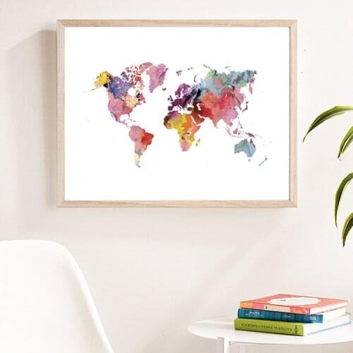 Watercolor World Map Poster Geography Wall Art Canvas Print Rainbow Picture Abstract Painting Traveler Gifts Living Room Decor