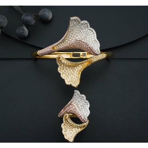 ModemAngel Delicate Luxury Leaf Flower Bangle And Ring Set Cubic Zirconia Women High Quality Wedding Engagement Bridal Party