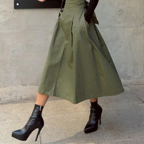 YAMDI kroean solid green skirt women high waist slim office lady chic runway skirt spring autumn a-line long skirt woman 2020
