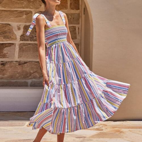 Sleeveless Spaghetti Strap Print Women Midi Dress Lace Up Backless Female Stripe Dresses 2021 Summer New Holiday Ladies Vestidos