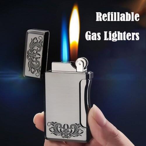 Grinding Wheel Butane Straight Double Flame Lighter Metal Carved Windproof Portable Cigarette Lighter Cigarette Accessories
