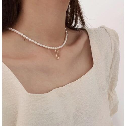 Minar Stylish Genuine Pearl Beaded Chokers Necklace for Women Girls Hollow Metal Face Pendant Necklace Plain Accessories