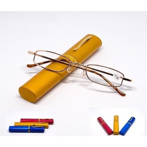 Vintage Men Women Reading Glasses Ultra-light Presbyopic Glasses Eyeglasses Tube W/ Hard Case Spring Hinge Reader Portable