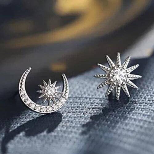 YSDLJG New Fashion Women Creative Asymmetric White Round Zircon Star Moon Earrings Ear Studs Female Wedding Jewelry Gift