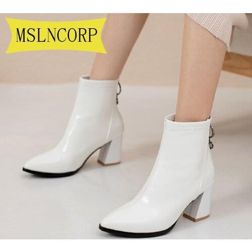 Plus Size 34-48 New Fashion Martin Boots Female Leather Chelsea Boot Thick Heels Ankle Boots Pointed Toe Autumn Winter Shoes