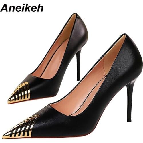 Aneikeh Fashion PU Metal Decoratio Women Pumps 2021 NEW Pointed Toe 9.5CM Thin Heels Summer Solid Slip-On Ladies Shoes Wedding