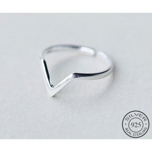 Real 925 Sterling Silver Geometric Wave Letter V Adjustable Ring Fine Jewelry For Women Party Personality Accessories