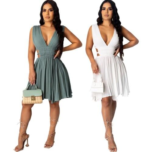 Echoine Summer Sleeveless V-neck Chiffon Mini Dress Sexy Hollow Out Pleated Dresses Party Holidays Robe Elegant Vintage Vestido