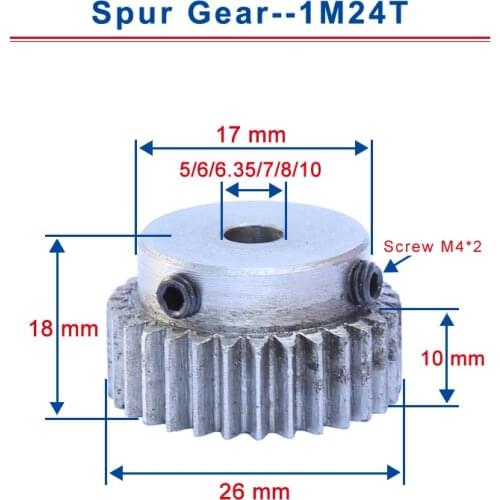 1 Piece 1M24T Spur Gear Bore 5 / 6 / 6.35 / 7 / 8 / 10mm Motor Gear Low Carbon Steel Material High Quality metal Gear for motor