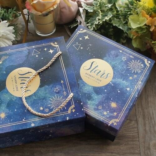 18.5*18.5*6cm 3set Sky Blue Gold Star Love Design Paper Box + Bag As Birthday Romantic Wedding Gift Packaging Use