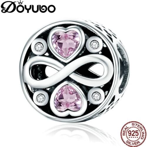 DOYUBO New Design 925 Sterling Silver DIY Charms Pink Heart Cubic Zircon To Fit Snake Bracelets Mom Gift Fine Jewelry ADD016