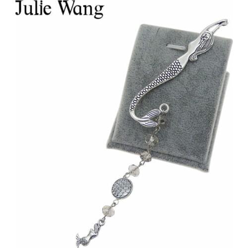 Julie Wang Antique Silver Color Mermaid Bookmark Charm For Reading Alloy Rhinestone Resin Scale Nice Gift Book Page Marker