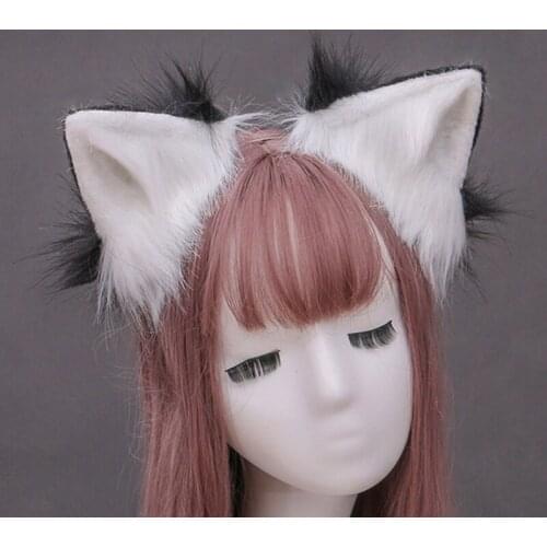 Contrast Color Faux Fur Wolf Ears Headband Simulation Fluffy Plush Animal Hair Hoop Anime Cosplay Costume Headpiece