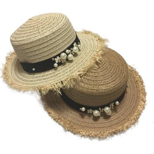 Summer Women Flat Top Straw Hat Fashion Female Daisy Flower Pearl Trip Caps Girls Beach Breathable Leisure Hats CP0174