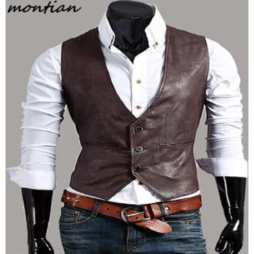 Mens leather PU vest fashion joker blazer plus size suits casual vests single breasted slim fit leather waistcoat mens tops