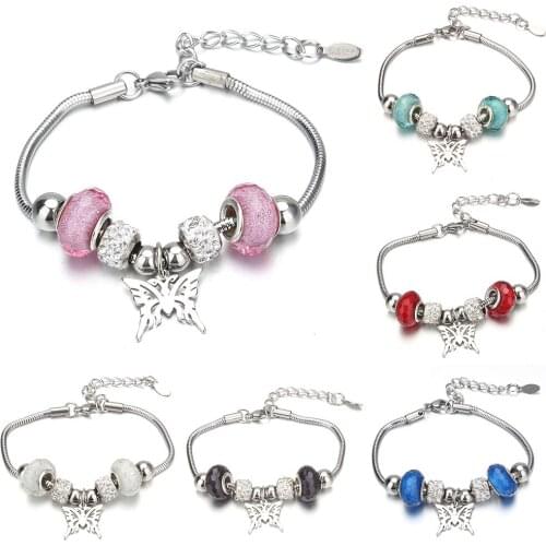 New Fashion Charm Bracelet & Bangles Butterfly 6-color Crystal Beads Brand Bracelets for Women Jewelry Girl Friendship Gift