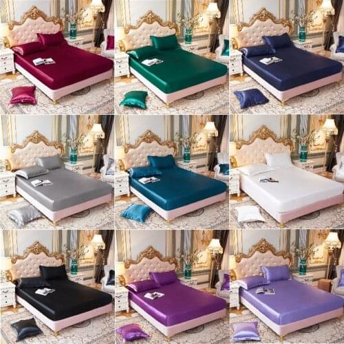 Solid Color Smooth Silk Mattress Cover Twin Queen Size All-inclusive Bed Cover Soft Fitted Sheet Including Pillowcase