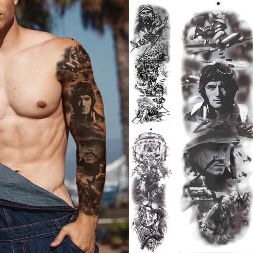 Fake Tattoos Sleeve For Men Women Adult Black War Warrior Temporary Tattoos Airplane Cannon Soldier Full Arm Tatoos Sticker