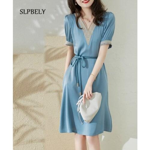 SLPBELY Casual Women Dress With Belt Summer French Hollow Out V Neck Solid Short Sleeve Office Lady Dress Female Dress Vestido