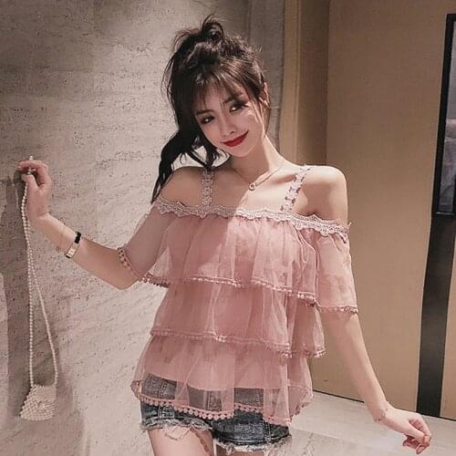2020 Simple one-word neck halter boho mesh shirt lady ruffles short sleeves elegant trim blouse summer lacing lady sexy