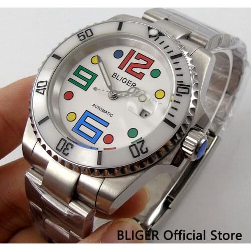 Solid BLIGER 40MM White Dial Sapphire Crystal Ceramic Bezel Date Magnifier Luminous MIYOTA Automatic Movement Mens Watch B29C