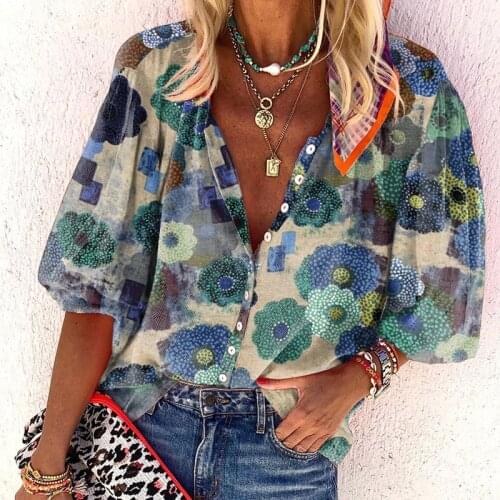 Retro color printing loose casual shirt sexy lapel womens T-shirt 2021 summer button-shaped long-sleeved streetwear top T-shirt