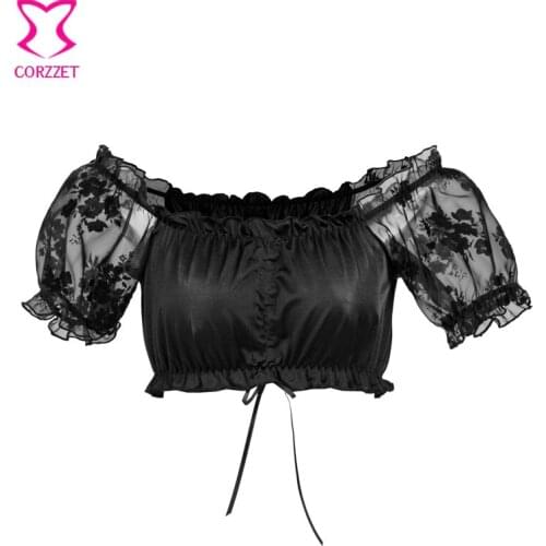 Women Black Organza Flocked Floral Off Shoulder Short Sleeve Summer Crop Tops Tee Tank Top Clubwear Corset Matching Accessories