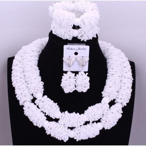 Splendid African White Beads Jewelry Sets Nigerian Wedding Crystal Pendant Statement Necklace Set of Beads For Brides Women Hot