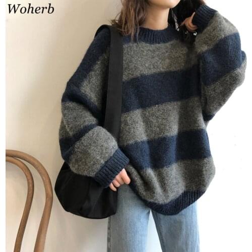Woherb Women Oversized Thin Sweater Vintage Striped Loose Pullover Streetwear Autumn Knitted Jumper Femme 2021 Sueter Mujer