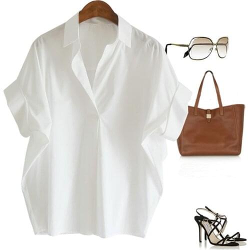 Close close knock nice white shirt cotton white loose sleeve V-neck shirt female 0627-5
