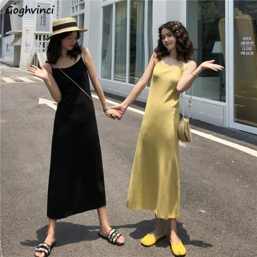 Sleeveless Dress Women Spaghetti Strap Solid Elegant Soft Korean Style Sexy Leisure Midi Faldas Womens Chic Simple Stylish Retro