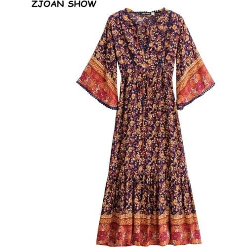 2021 Bohemia Lacing Up V neck Floral Holiday Long Dress Woman Tie Bow Adjust Waist Long Sleeve Ball Tassel Dresses BOHO Beach