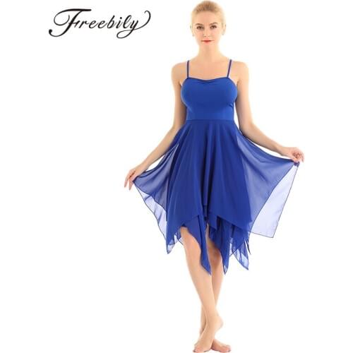 Women Professional Ballroom Dancing Dress Adult Spaghetti Strap Sleeveless Asymmetric Chiffon Contemporary Lyrical Dance Costume