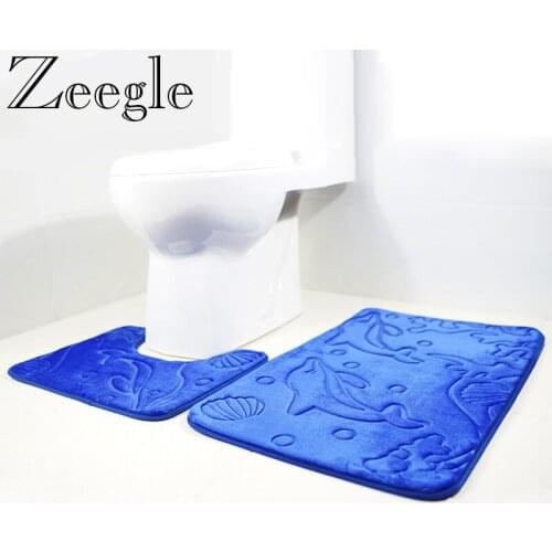 Zeegle Dolphin Embossed 2pcs Bath Mat Set Flannel Bathroom Carpets Set Anti-slip Toilet Rugs Bathroom Floor Mats Shower Rugs