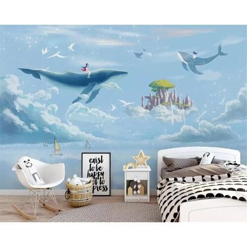 Beibehang 3d wallpaper hand painted watercolor Sky background whale castle child room mural background wall 3d wallpaper behang