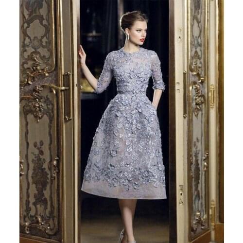 Elie Saab Beautiful Applique Lace A-Line Formal Evening Dresses 3/4 Long Sleeve Tea Length Sexy Party Prom Dress Gowns Exquisit
